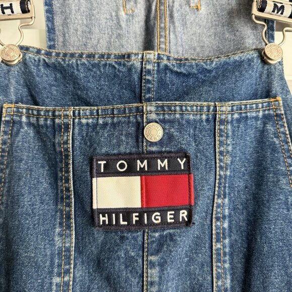 Vintage 90s Tommy Hilfiger Denim Overalls Loose Spellout Hip Hop XL Baggy - Picture 10 of 13